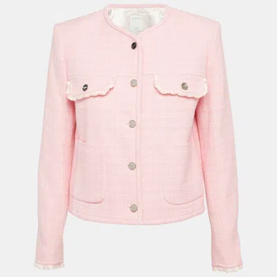 Pre-owned Sandro Pink Tweed Button Front Ruffled Jacket Xs