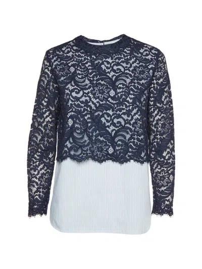 Pre-owned Sandro Pinstripe Lace-overlay Blouse In Blue