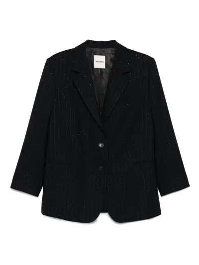 Sandro Pinstripe Metallic Blazer In Black