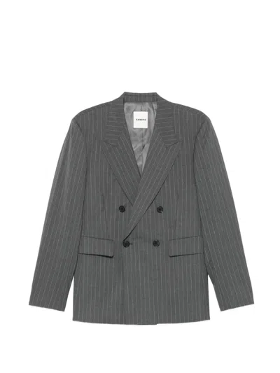 Sandro Pinstriped Double-breasted Blazer In Gray