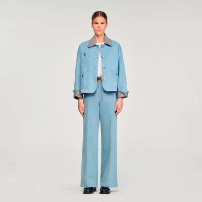 Sandro Plaid Collar Denim Jacket In Blue