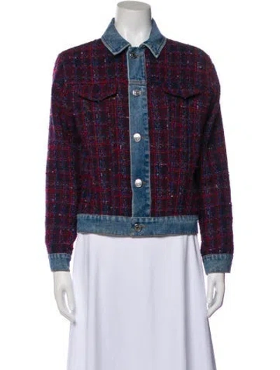 Pre-owned Sandro Plaid Print Denim Jacket In Blue