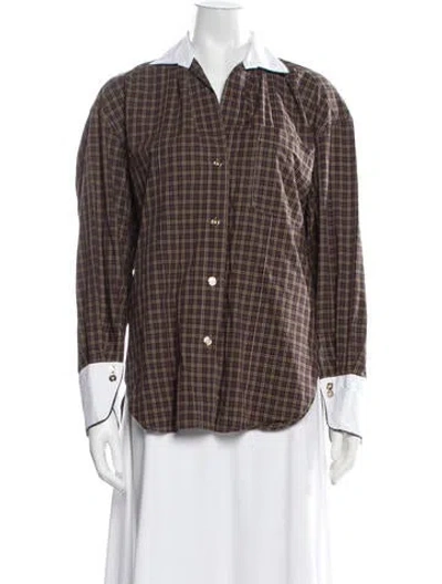 Pre-owned Sandro Plaid Print Long Sleeve Blouse In Brown