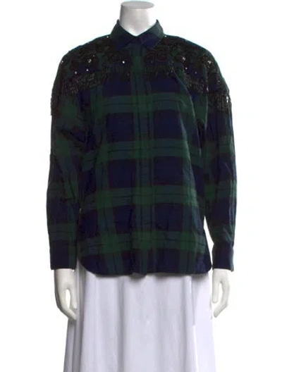 Pre-owned Sandro Plaid Print Long Sleeve Blouse In Green