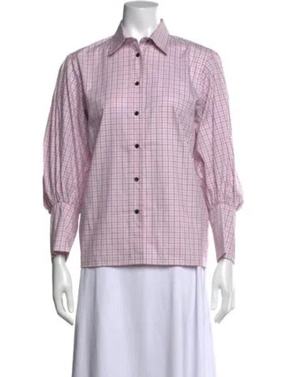 Pre-owned Sandro Plaid Print Long Sleeve Blouse In Pink