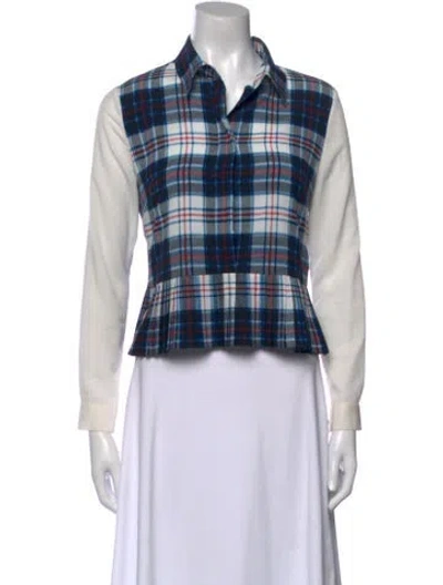 Pre-owned Sandro Plaid Print Long Sleeve Button-up Top In Blue