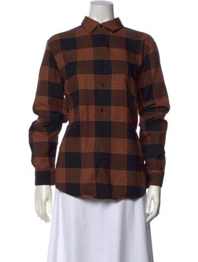 Pre-owned Sandro Plaid Print Long Sleeve Button-up Top In Brown