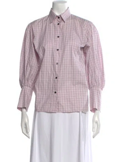 Pre-owned Sandro Plaid Print Long Sleeve Button-up Top In Pink