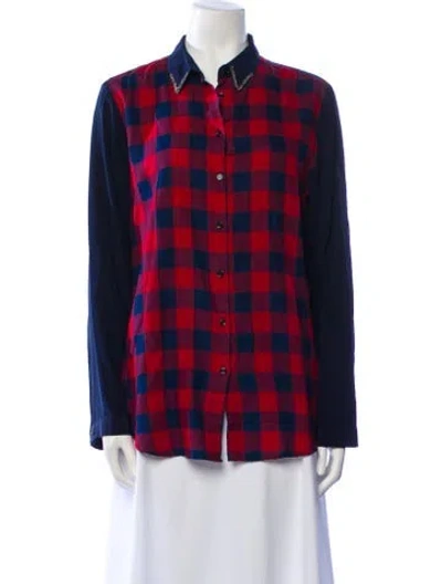 Pre-owned Sandro Plaid Print Long Sleeve Button-up Top In Red