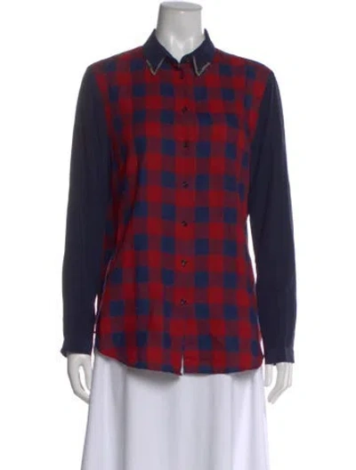 Pre-owned Sandro Plaid Print Long Sleeve Button-up Top In Red