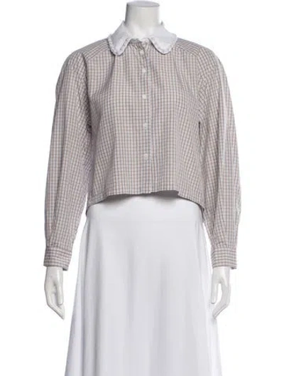 Pre-owned Sandro Plaid Print Long Sleeve Top In White