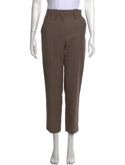 Pre-owned Sandro Plaid Print Straight Leg Pants In Brown
