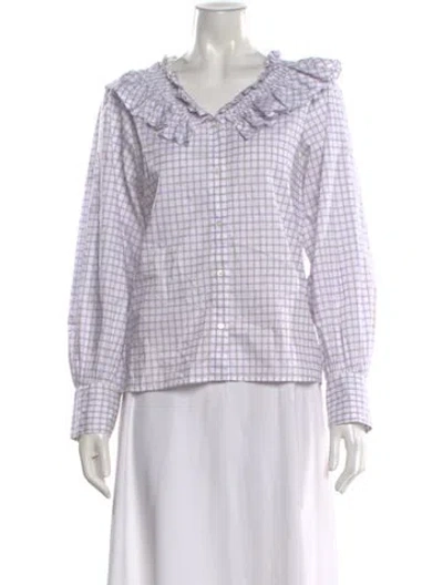 Pre-owned Sandro Plaid Print V-neck Blouse In White