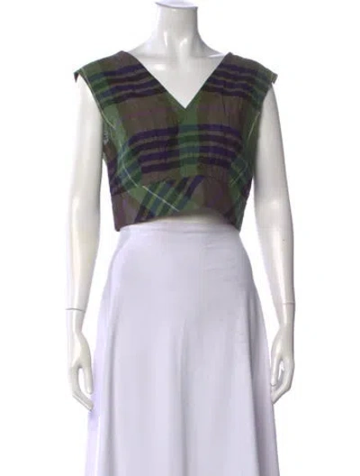 Pre-owned Sandro Plaid Print V-neck Crop Top In Green
