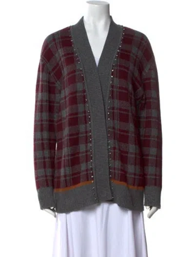 Pre-owned Sandro Plaid Print V-neck Sweater In Burgundy