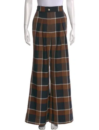 Pre-owned Sandro Plaid Print Wide Leg Pants In Brown