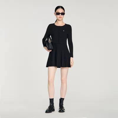 Sandro Pleated Knit Mini Dress In Black