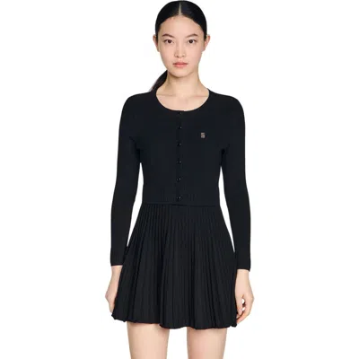 Sandro Ruby Pleated Knit Short Dress In Black