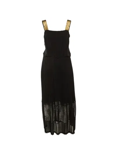 Pre-owned Sandro Pleated Lace-trim Maxi Dress In Black