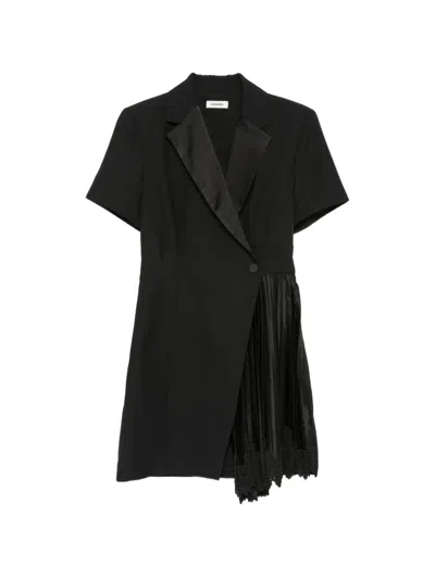 Sandro Pleated Lace-trim Mini Dress In Black