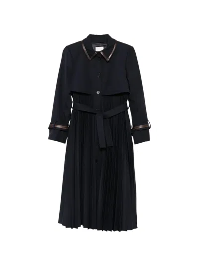 Sandro Pleated Leather-trim Trench Coat In Blue