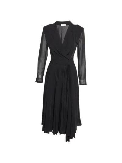Pre-owned Sandro Pleated Long-sleeve Midi Dress In Black