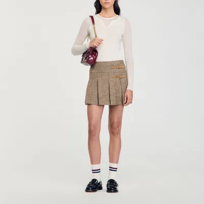 Sandro Pleated Micro Houndstooth Skirt In Brown