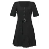 Sandro Pleated Mini Belted Dress In Black Cotton Tweed In Black