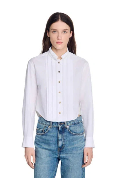 Sandro Pleated Shirt With Origami Collar In White