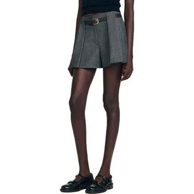 Sandro Pleated Shorts With Belt In Brown