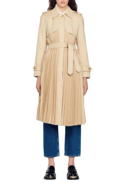SANDRO SANDRO PLEATED TRENCH COAT WITH BELT