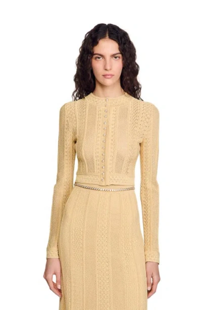 Sandro Pointelle Knit Cardigan In Gold