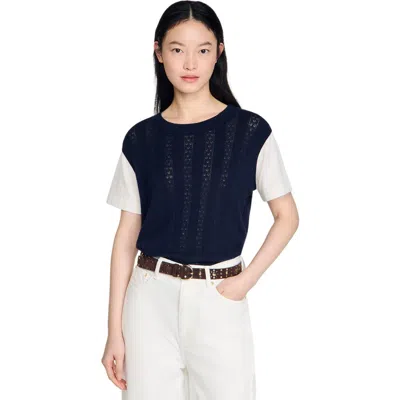 Sandro Layered Effect Pointelle Knit Sweater In Blue