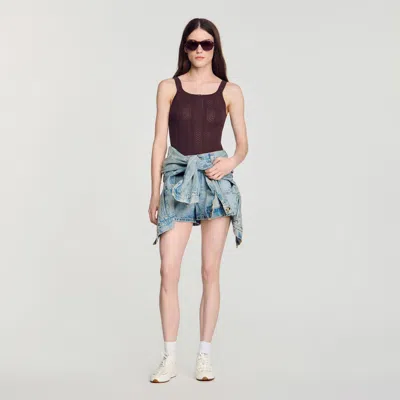 Sandro Pointelle Knit Top With Bow In Brown