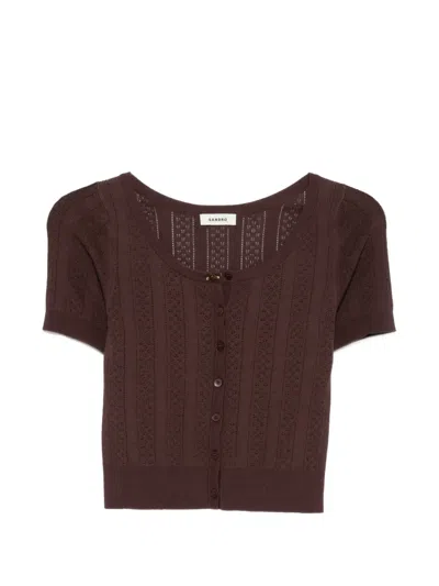 Sandro Pointelle-knit Bow-detail Cardigan In Brown