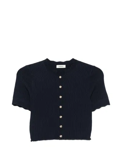 Sandro Pointelle-knit Cropped Cardigan In Blue