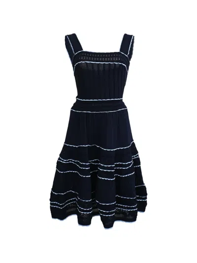 Pre-owned Sandro Pointelle-knit Fit-and-flare Dress In Blue