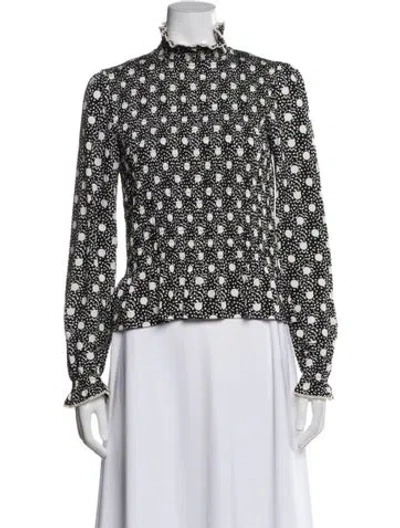 Pre-owned Sandro Polka Dot Print Mock Neck Blouse In Black