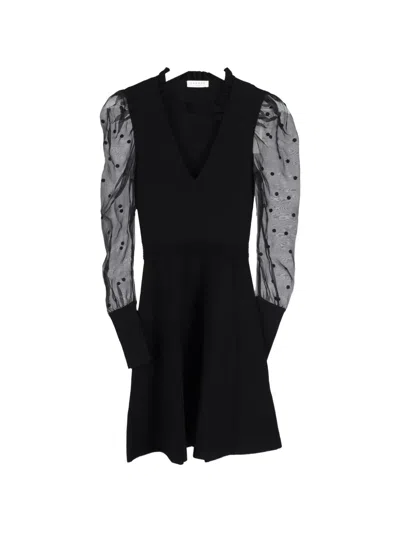 Pre-owned Sandro Polka-dot Sheer-sleeve Mini Dress In Black