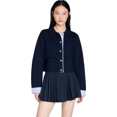 Sandro Polo Cardigan With Poplin Details In Blue