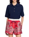 Sandro Womens Bleus Button-embellished Embroidered Cotton Polo Shirt In Navy Blue