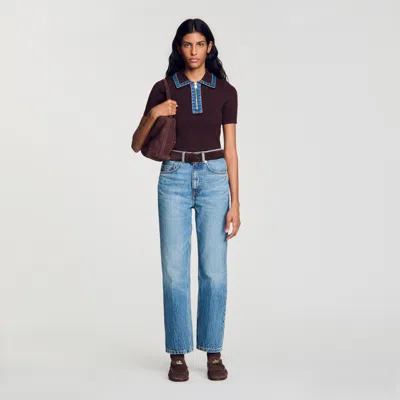 Sandro Polo Sweater With Denim Collar In Brown