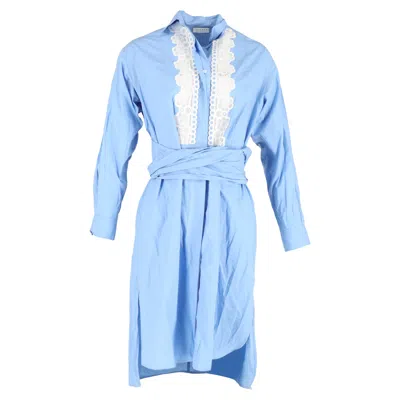 Sandro Poplin Lace Long Sleeve Shirt Dress In Light Blue Cotton