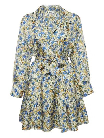 Pre-owned Sandro  Floral-print Belted Silk Dress In Blue