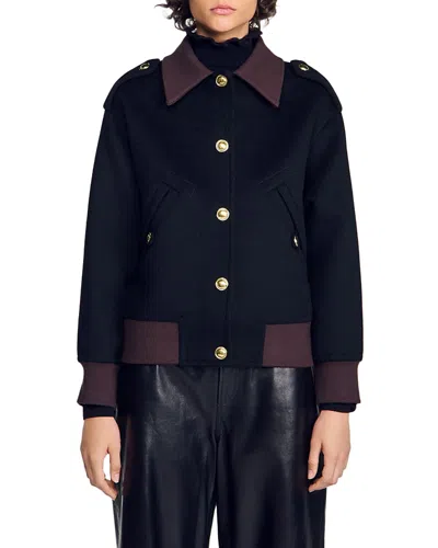 Sandro Preston Wool Contrast Trim Jacket In Black