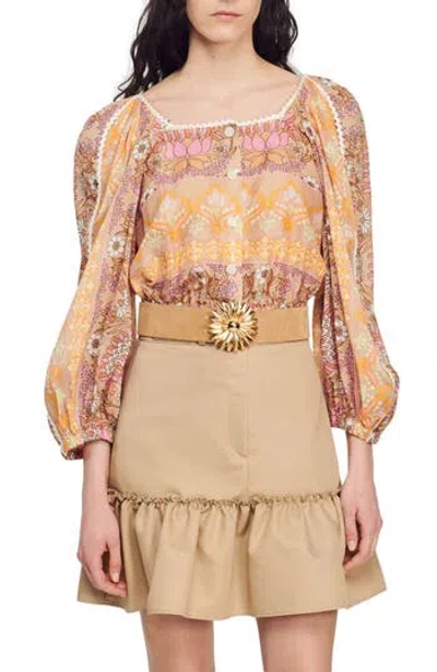 Sandro Print Blouson Linen Blend Top In Multi