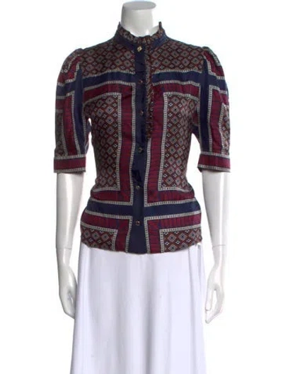 Pre-owned Sandro Printed Mock Neck Blouse In Blue