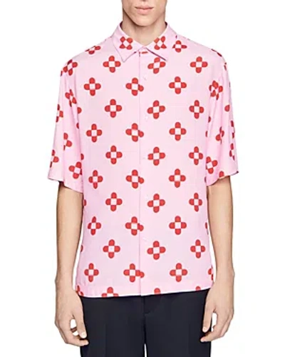 Sandro Printed Short Sleeve Button Shirt In Pink