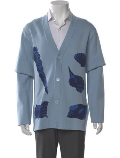 Pre-owned Sandro Printed V-neck Cardigan In Blue
