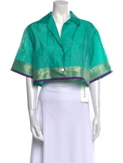 Pre-owned Sandro Printed V-neck Crop Top In Green